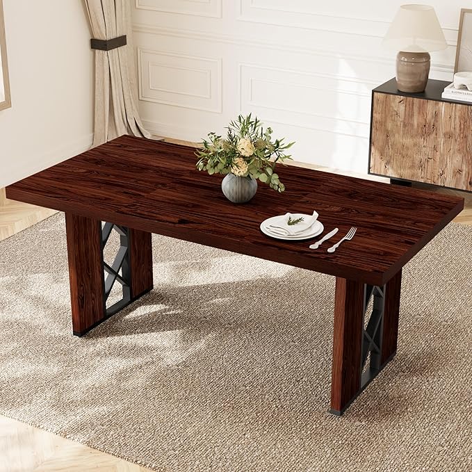 70.8" Farmhouse Dining Table for 6 People, Large Rectangle Kitchen Table with Heavy Duty Legs, Industrial Dining Room Furniture for Dinner, Walnut