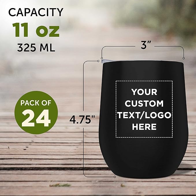 Custom Stemless Wine Glass Tumblers with Lids by Largo 11 oz. Set of 24, Personalized Bulk Pack - Perfect for Wine, Cocktails, Other Hot & Cold Beverages - Black
