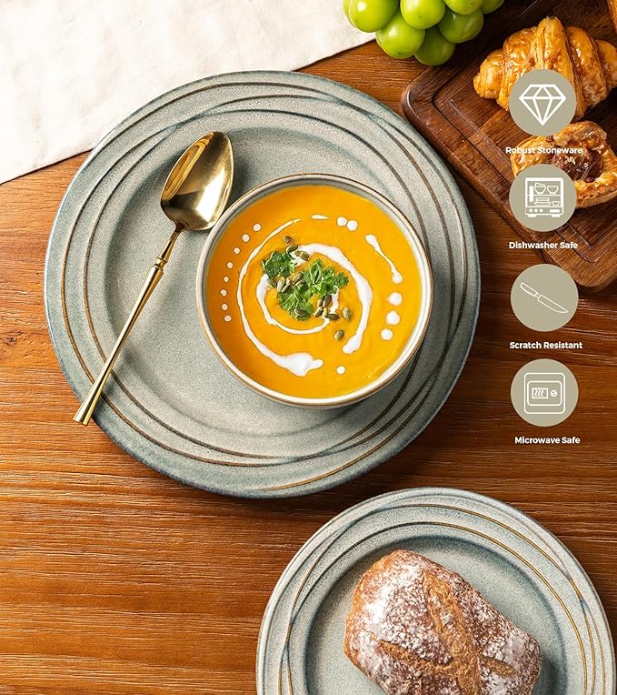 GBHOME Ceramic Dinnerware Sets,12 pcs Embossed Elegant Stoneware Plates and Bowls Sets, Housewarming Wedding Gift | Dishwasher & Microwave Safe | Dishes Set Service for 4,Desert Sage