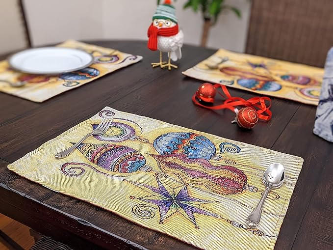 DaDa Bedding Bohemian Ornaments Tapestry Placemats - Set of 4 Festive Christmas Holiday Turkish Star Lights Lanterns - Needle Stitched Cotton Linen Woven Kitchen Dining Table Mats - 13” x 19” (14916)