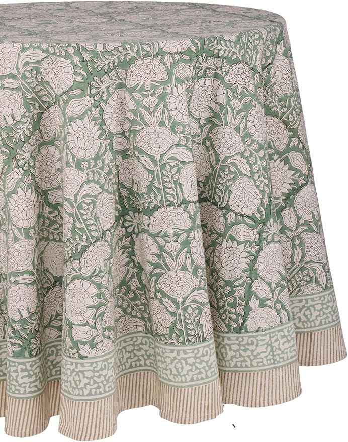 ATOSII Jade 100% Cotton Boho Round Tablecloth, Block Print Floral Table Cloth Linen for Dining, Parties, Weddings, Outdoors I Table Decor I 60" Inches Round