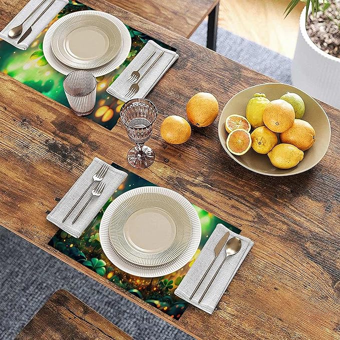 St Patrick's Day Green Grass Placemats Set of 6, Linen Washable for Christmas, Thanksgiving, Party, and Daily Dining, Decorative Table Mats for 4-6 Person Table