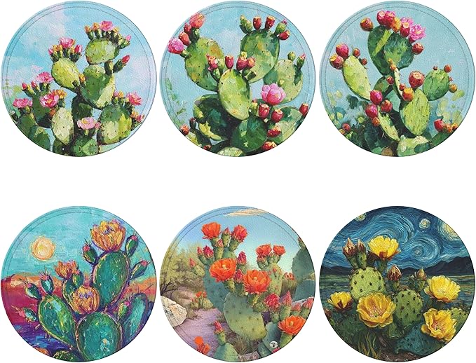 Cactus Coasters Leather Round Drink Coasters 6 Pcs Set with Holderor for Cup Drink Coffee Table Bar Home Decor