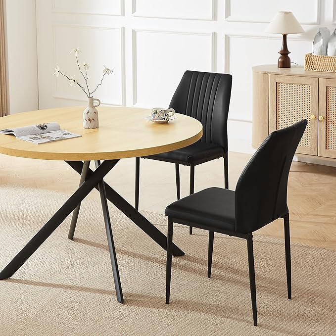 45.3 Inch Round Dining Table Set for 4, Mid Century Modern Coffee Set for Dining Room Kitchen Apartment (Cream Table + 4 Black Chairs)