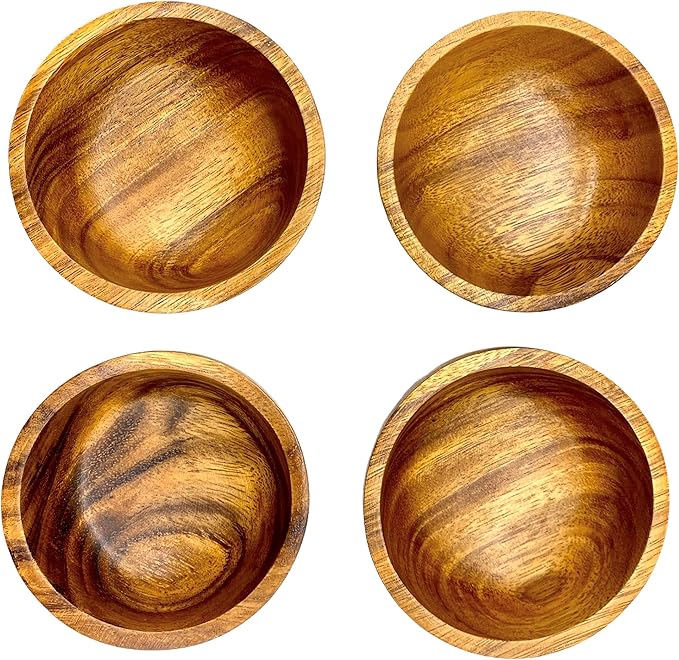 Small Wooden Calabash Bowls – 4.25” Acacia Snack, Dip & Side Dish Set of 4, Rustic Handmade Condiment Serving Bowls, Gift Ready