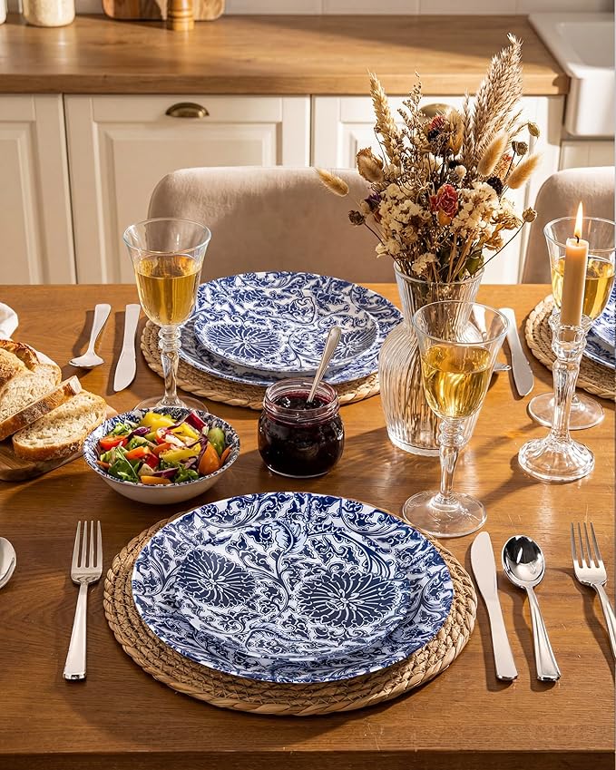 Hioasis 60pcs Plastic Disposable Plates Set - Blue Dandelion & Blue Leaf Pattern, 10.25 Dinner & 7.5 Dessert Plates for Wedding,Anniversary,Party and Holiday