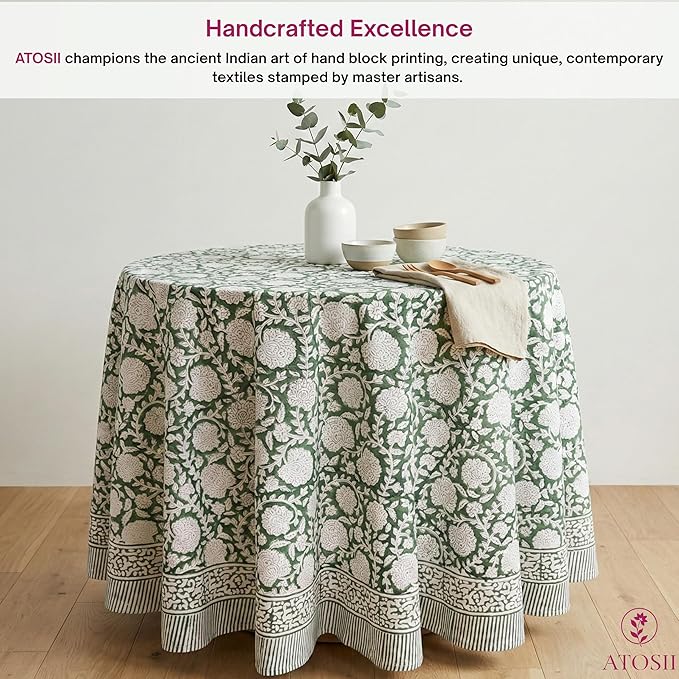 ATOSII Shalimar Green 100% Cotton Round Boho Fall Tablecloth, Handblock Floral Table Cloth Linen for Kitchen Dining I Parties Wedding Outdoors Christmas Thanksgiving I Fall Home Decor 90" Inches Round