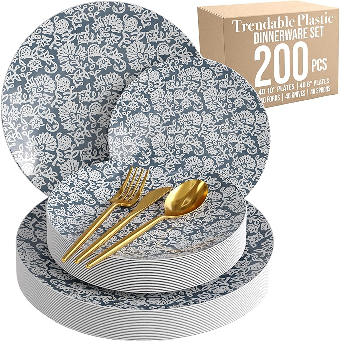 Trendables Fancy Plastic Dinnerware Sets 200 Pc 40 Guests Gold Silverware Disposable 40 X 10 Inch Charger Plates 40 X 8 Inch Dessert Plates 40 x Gold Plastic Forks and Spoons Knives In Garden Damask