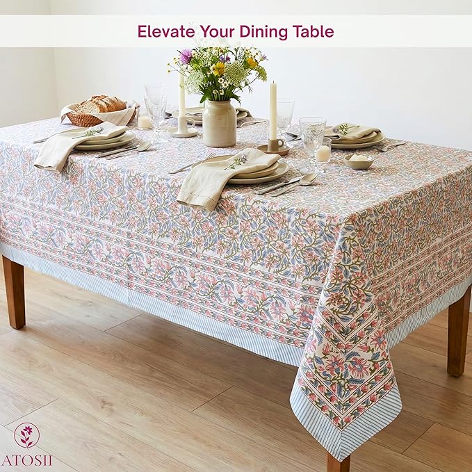ATOSII Kalina 100% Cotton Rectangle Tablecloth, Handblock Floral Linen Table Cloth for Kitchen Dining Table I Parties Wedding Outdoors I Home Decor 60 X 108 Inches