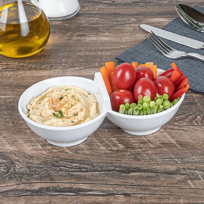 Restaurantware Voga 8.5 Ounce Divided Serving Dishes 10 Round Condiment Serving Dishes - 2 Compartments Serve Appetizers Snacks Dips Or Dressings White Melamine 2 Compartment Dishes