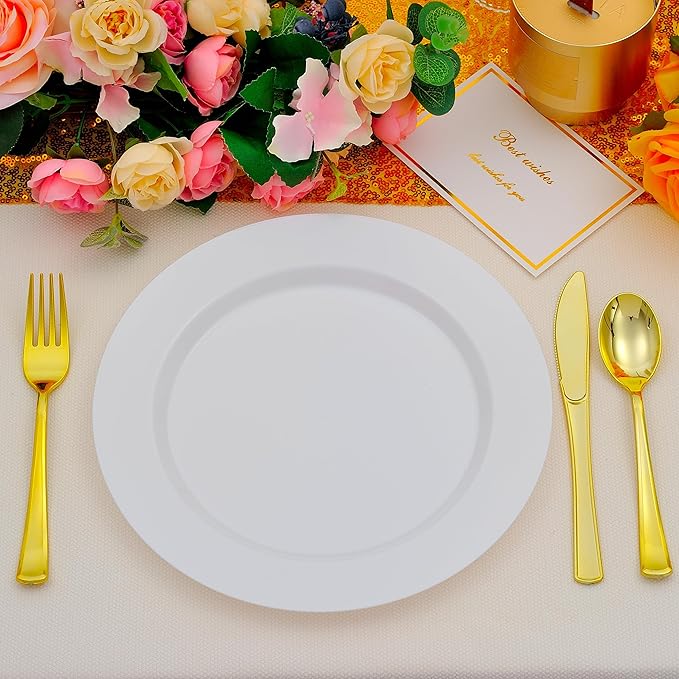 50 PCS White Plastic Plates for 50 Guests,10.25 inch Heavy Duty Disposable Plates for Wedding,Party,Birthday,Smooth Edge & Sturdy Dinner Plates