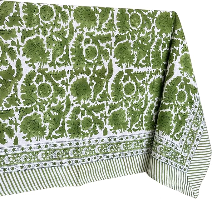 ATOSII Paradise Green 100% Cotton Rectangle Summer Tablecloth, Handblock Floral Print Linen Table Cloth for Kitchen Dining I Parties, Weddings, Outdoors, 60 X 108 Inches I 8 Seater