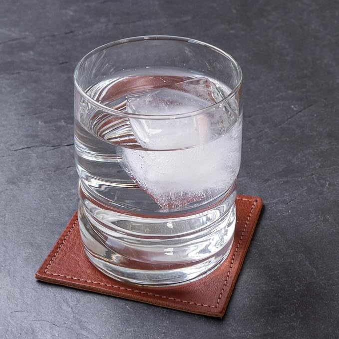 American Made Leather Coasters - Premium Full Grain Leather, Double Layered Square Rustic Brown Coaster Set, 4”x4” - Handmade in The USA - Set of 4