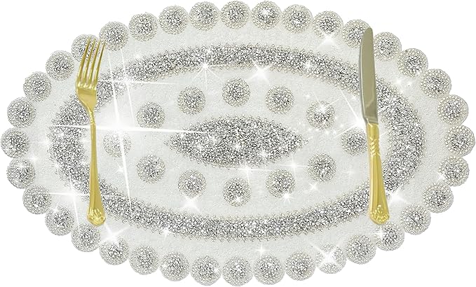 Sparkling Silver Diamond Placemats Bling Oval Place Mat Heat Elegant Table Decor for Weddings, Holidays, and Special Events (15x9 Inch)