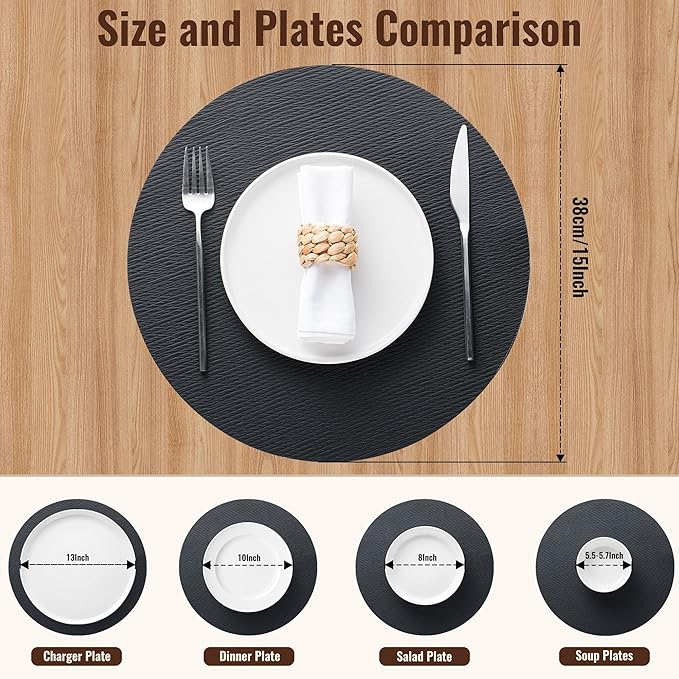 Jovono 15" Faux Leather Big Round Placemats Set of 8 - Washable Heat Resistant Non-Slip Dining Table Mats with Fabric Texture for Kitchen Home Party Decor, Black