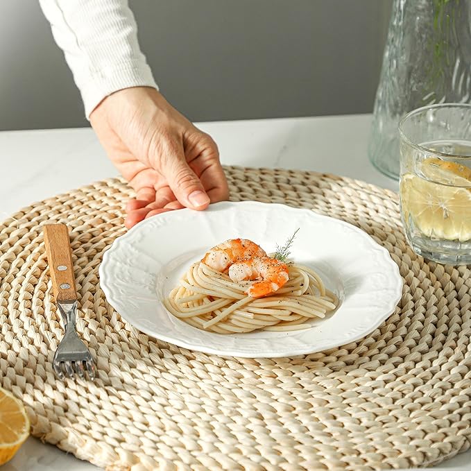 Embossed Ceramic Appetizer & Dessert Plates, 7.5 inch Small Salad Plate, Small White Plates for Cake Waffles Snacks Side Dish, Round Dinnerware Sets, Dishwasher & Microwave Safe - Set of 8