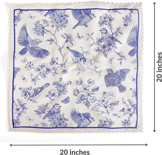 FINGERCRAFT Dinner Cloth Napkins Cotton Blend Set of 12 Blue Bird Premium Quality Mitered Corner with Natural Lace for Home Rastaurant Wedding Christmas Napkins Cloth 20 inch Toile Lace