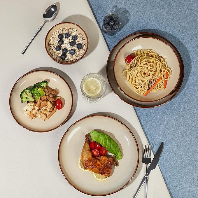 32 Piece Double Bowl Dinnerware Sets with Pasta Bowls, Highly Chip and Crack Resistant Plates and Bowls Sets, Natural Earthyware Ceramic Dishware Sets, Service for 8 Brown Yellow