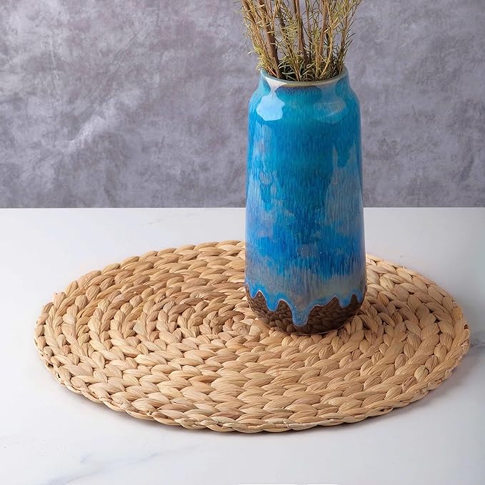 13.5" Water Hyacinth Woven Round Placemats Set of 6 - Wicker Boho Farmhouse Placemats - Rattan Table Mats for Dining Table, Wedding, Home