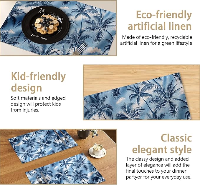 Placemats Set of 6 Tropical Palm Tree Place Mats Washable Kitchen Dining Linen Table Mats Stain Heat, for Home Party Indoor 12x18 in