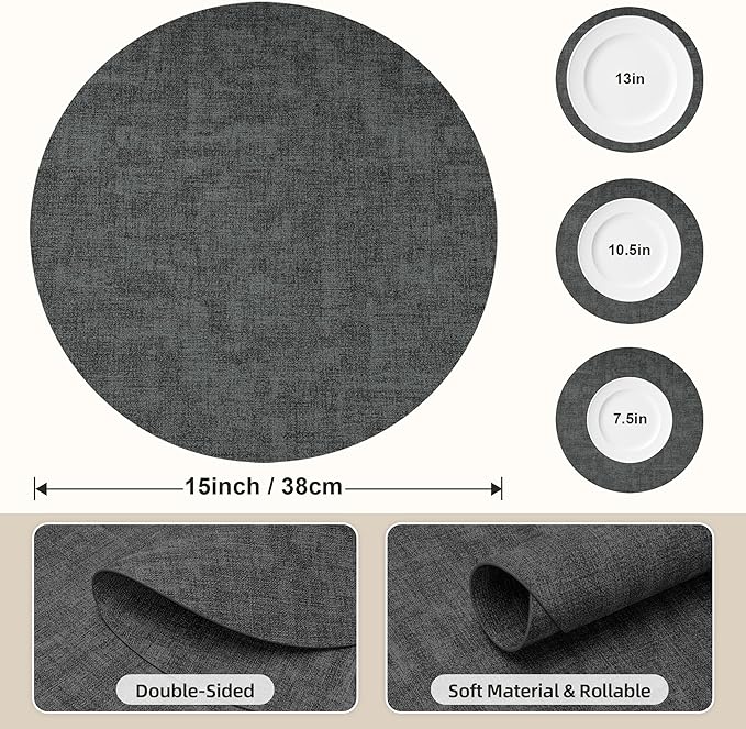 15 inch Faux Leather Round Placemats Set of 4 Non-Slip Washable Wipeable Table Mats, Heat Resistant Waterproof Oilproof Black Place Mats for Kitchen, Dining, Party, Indoor, Outdoor
