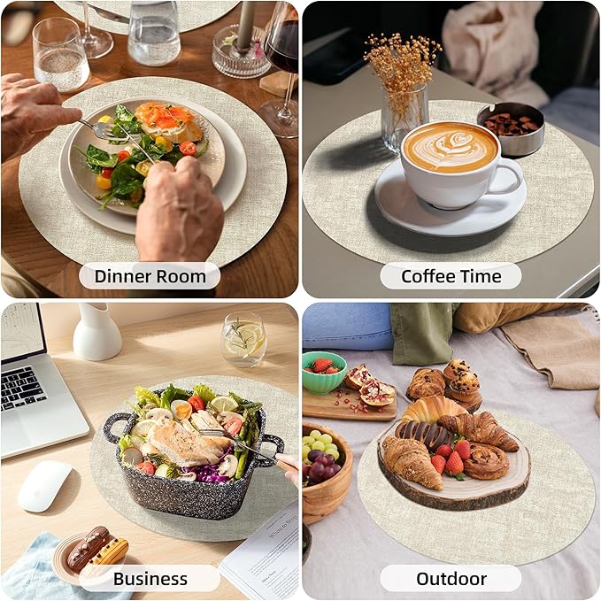 15 inch Faux Leather Round Placemats Set of 4 Non-Slip Washable Wipeable Table Mats, Heat Resistant Waterproof Oilproof Place Mats for Kitchen, Dining, Party, Indoor, Outdoor Beige