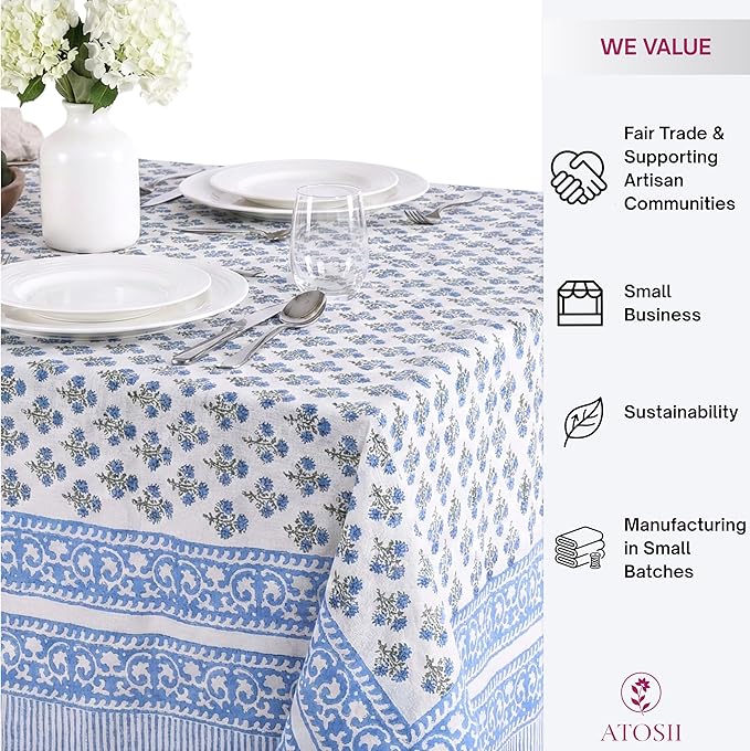 ATOSII Gulbahar Blue 100% Cotton Fall Rectangle Tablecloth, Hand Block Print Washable Table Cover, Christmas Parties Buffet Dining, Weddings, Thanksgiving Autumn Home Decor, 60 X 108 Inches 8 Seater