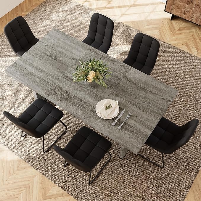 7-Piece Dining Table Set for 6 People, 70.8" MDF Kitchen Table with 6 Upholstered Chairs, Space-Saving for Dining Room, Breakfast Nook(Grey Table+6 U-Shaped Black Chairs)