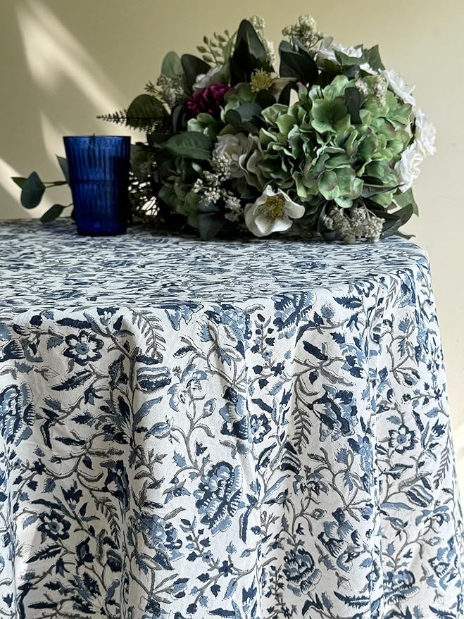 ATOSII Jodhpur Blue 100% Cotton Round Tablecloth, Handblock Print Floral Table Cloth for Kitchen Dining Linen I Parties, Weddings, Outdoors, Christmas I Fall Home Decor 60" Inches Round