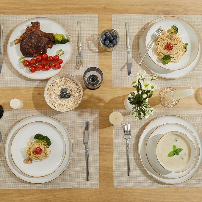 24 Piece White Ceramic Plates and Bowls Sets for 8, Reactive Glaze Stoneware with Coastal‑Line Look | Ideal for Holiday Entertaining, Thanksgiving, and Large Family Meals