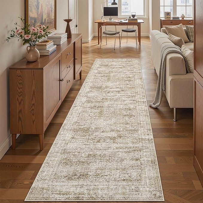Runner Rug 2'6" x 10' Washable Non-Slip Runner Rugs for Kitchen Bathroom Laundry Room Vintage Ultra Thin Runners for Hallway Entryway Brown