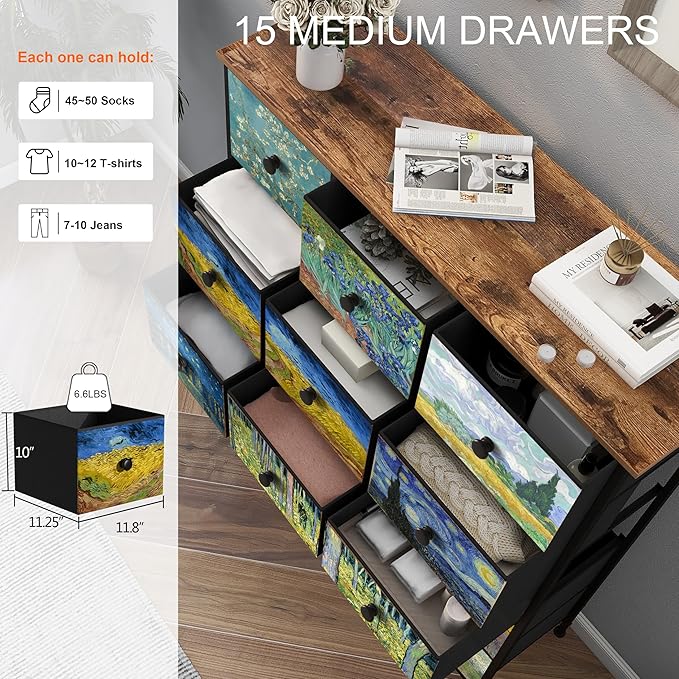 EXOTICA Large Chest of Drawers 15 Drawer Dresser Van Gogh Tall Fabric Dresser for Bedroom Living Room Entryway Closet with Sturdy Metal Frame and Wooden Top