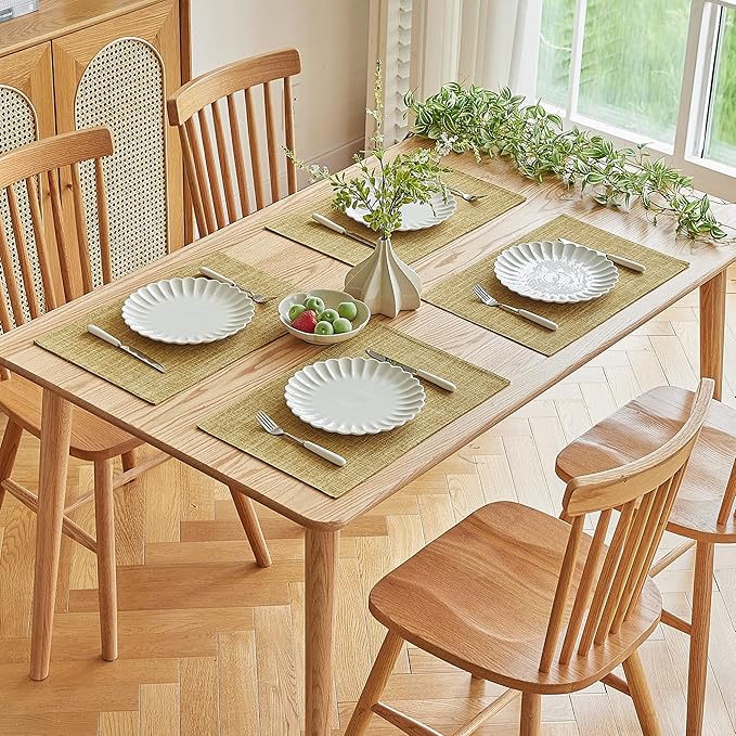 Softalker Faux Linen Placemats Set of 6-12 x 18 Inch, Heat Resistant Double Layered Durable Burlap Farmhouse Place Mats, Non-Slip Washable Rustic Table Mats for Dining, Kitchen, Party（Khaki