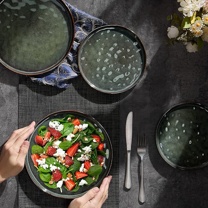 LIANYU Ceramic Dessert Plates Set of 6, 10.2 Inch Kitchen Dinner Plates Set, Porcelain Serving Dishes for Cake, Bread, Salad, Snack and Steak, Microwave, Oven and Dishwasher Safe, Ink Green