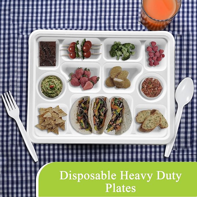 three leaf 11 Compartment Bagasse Rectangular Plate, 25 Ct. PFAS-Free, Heavy Duty, Sugarcane Fiber, Eco Friendly Disposable, 100% Biodegradable, Microwave and Freezer Safe, Ideal for Lunch, Buffet