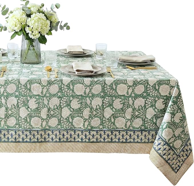 ATOSII Jade 100% Cotton Rectangle Boho Fall Tablecloth, Handblock Floral Table Cloth Linen for Kitchen Dining I Parties Wedding Outdoors Thanksgiving Easter Picnics I 72 X 120 Inches I 10 Seater