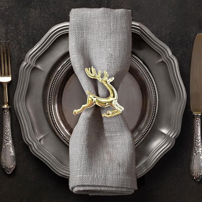 Decozen Set of 8 Gold Napkin Rings in Stag Design Festive Table Decor Setting for Holiday Wedding, Birthday, Kitchen, Home Decor Housewarming Gift - Thanksgiving & Christmas Gift Decoration