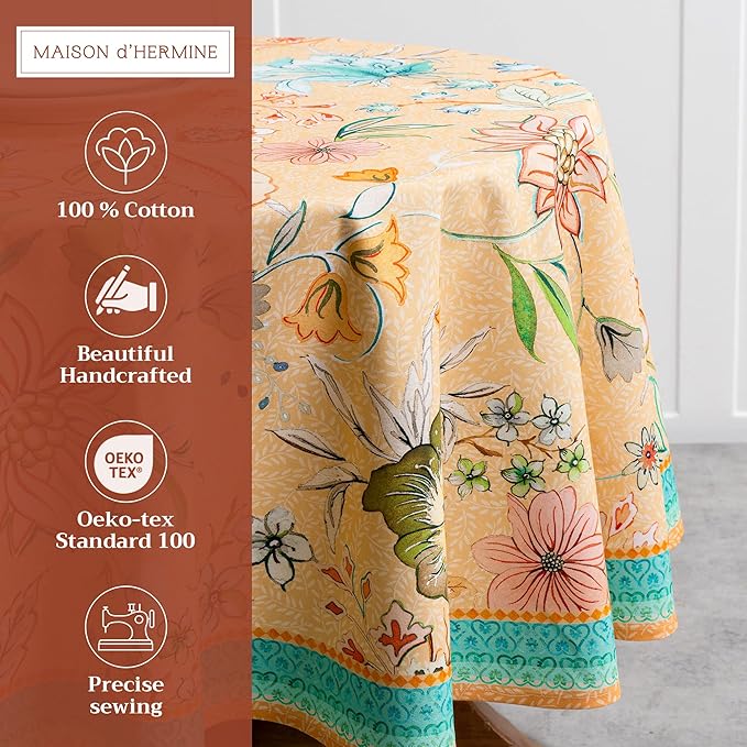 Maison d' Hermine Table Cloth Round Table 100% Cotton 63 Round Inches Tablecloth Reusable Decorative for Dining Room Farmhouse Home Valentines Day Decorations Spring Summer - Luxury Loft - Peach