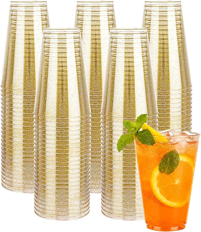 14 oz 100 Pack Gold Plastic Cups, Disposable Gold Glitter Cups, Bulk Gold Plastic Tumblers for Party, Wedding, Birthday and Holiday