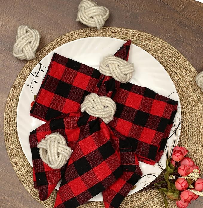 CLEENTABLE Farmhouse Napkin Ring Set of 12 - Handwoven Cotton & Jute Knot Design for Table Decor, Weddings, Dinner Parties & Everyday Dining - Decorative Adornment for Table Setting (Off White)