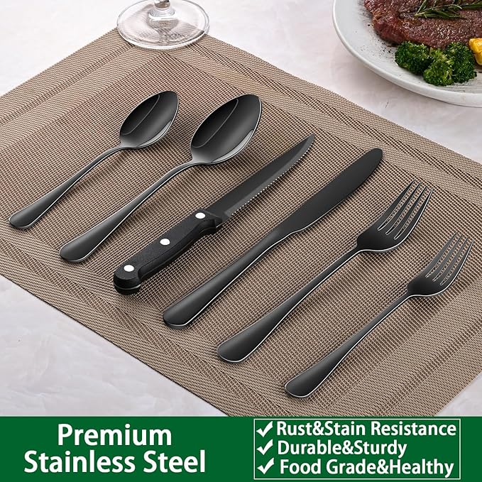Black 49 Pieces Stainless Steel Flatware Sets With Organizer,Black Silverware Sets With Steak Knives Service For 8,Black Tableware Cutlery Sets For Home Kitchen