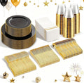SUT 350-Piece Black and Gold Disposable Plates - Elegant Plastic Dinnerware for 50 Guests, Includes Cups & Napkins | Durable Leak-Proof Design for Weddings, Birthdays, Holidays