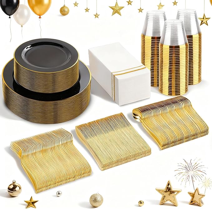 SUT 350-Piece Black and Gold Disposable Plates - Elegant Plastic Dinnerware for 50 Guests, Includes Cups & Napkins | Durable Leak-Proof Design for Weddings, Birthdays, Holidays