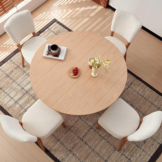 Howtek 5-Piece Modern Dining Room Set, 47" Round Dining Table and 4 Space-Saving Upholstered Stackable Dining Chairs, Kitchen Table and Chairs Set for Home, Kitchen, Living Room (Oak/White)