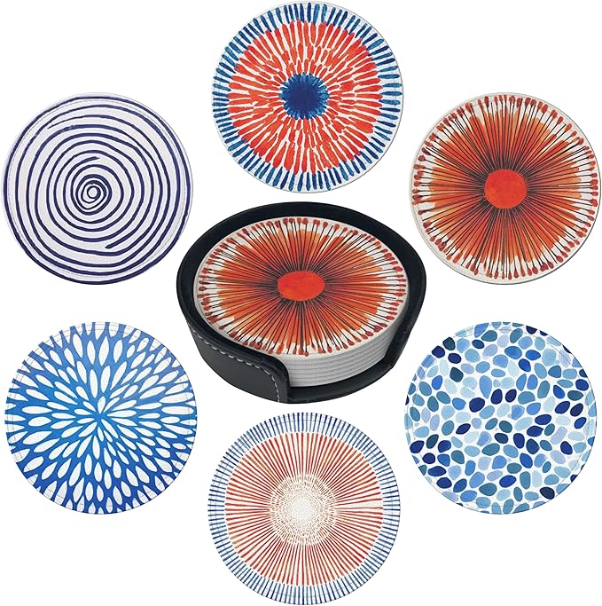 Mid Century Coasters Leather Round Drink Coasters 6 Pcs Set with Holderor for Cup Drink Coffee Table Bar Home Decor