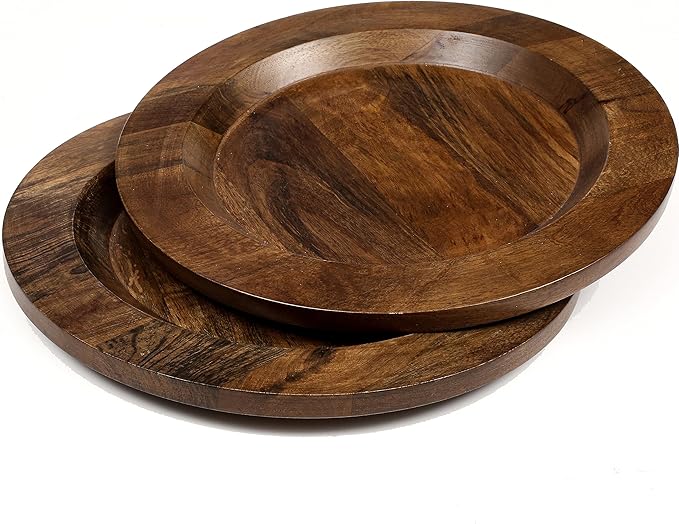 Alpha Living Home Mango Wooden Plates Set of 2-13” Round Rustic Farmhouse Chargers for Dinner & Charger Plates, Handcrafted Tableware for Charcuterie, BBQ, Farmhouse Dining, or Gift (Walnut)