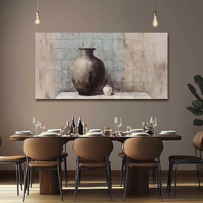 Abstract Wall Art Vintage Vase Still Life Textured Oil Painting Style Canvas Painting Framed Blue Gray Brown Wall Decor Rustic Artwork，Suitable for Decorating Living Rooms, Bedrooms, Dining Rooms, and Home Offices 20"X40"