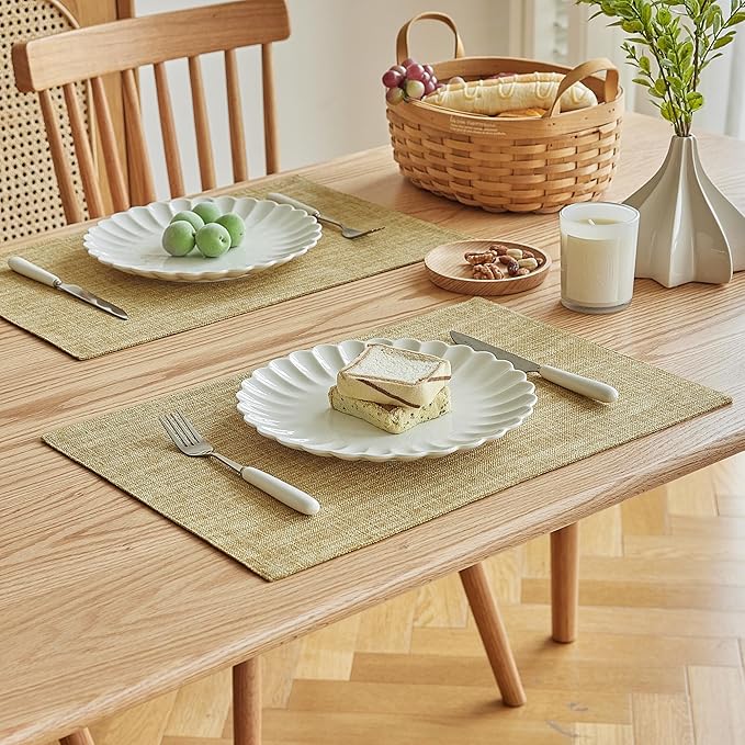 Softalker Faux Linen Placemats Set of 4-12 x 18 Inch, Heat Resistant Double Layered Durable Burlap Farmhouse Place Mats, Non-Slip Washable Rustic Table Mats for Dining, Kitchen, Party（Khaki