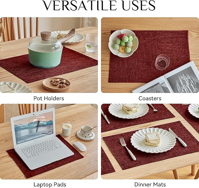 Softalker Faux Linen Placemats Set of 6-12 x 18 Inch, Heat Resistant Double Layered Durable Burlap Farmhouse Place Mats, Non-Slip Washable Rustic Table Mats for Dining, Kitchen, Party（Red