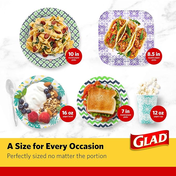 Glad Printed Disposable Paper Plates, 50 Count 10 Inch | Heavy Duty Soak Proof Paper Plates with Beautiful Printed Design | 50 Count Square Paper Plates